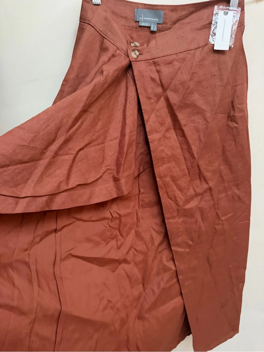 NWT Anthropologie Linen Wrap Midi Skirt in Cedar